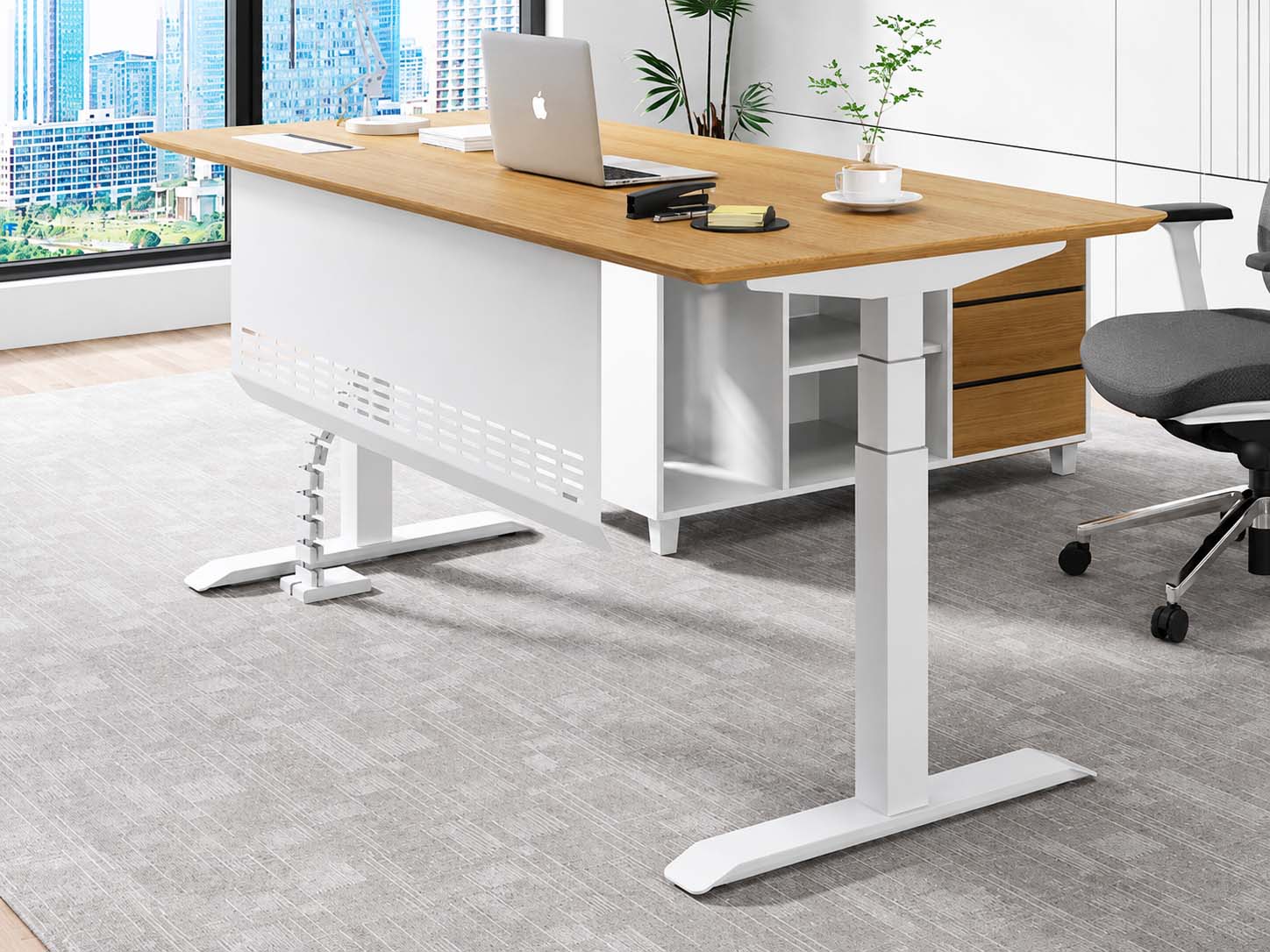 mige height adjustable desk with wood worksurface white frame modesty panel and side storage