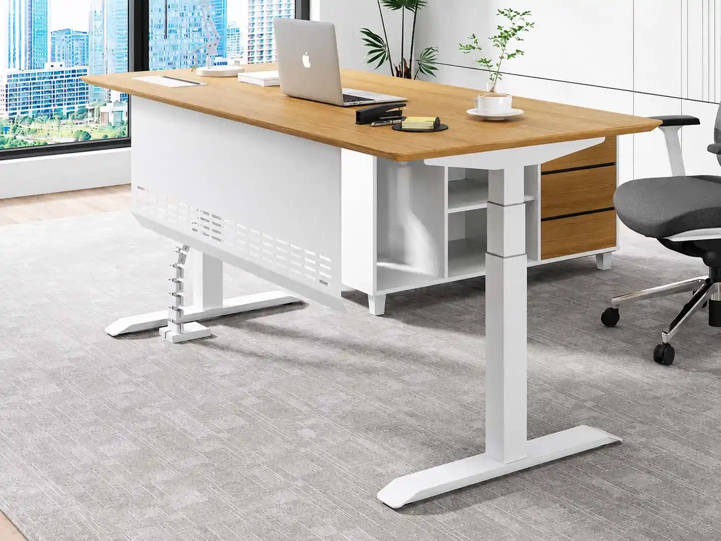mige height adjustable desk with wood worksurface white frame modesty panel and side storage