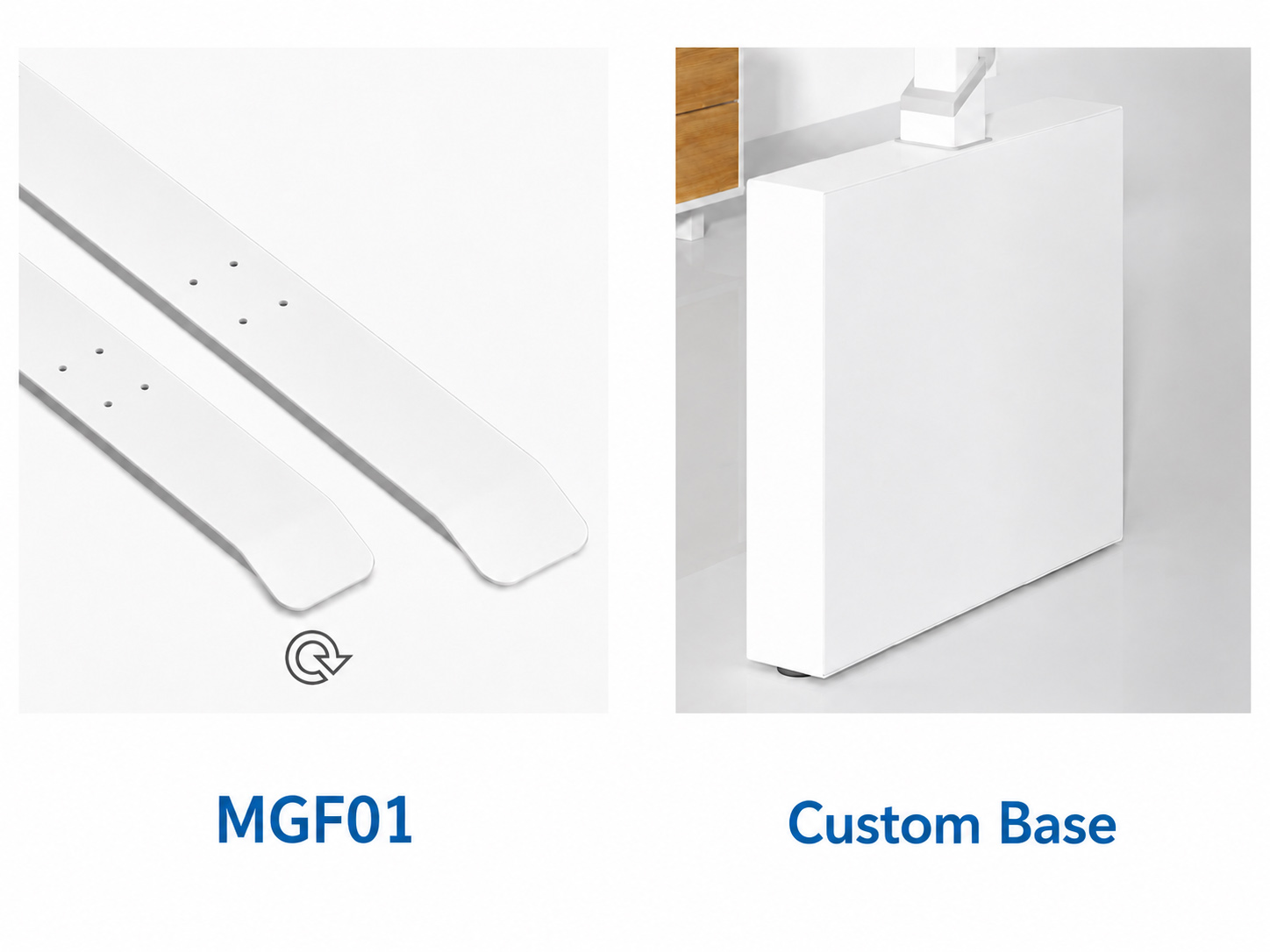 mgf01 standard foot and custom base options for mige desk configurations