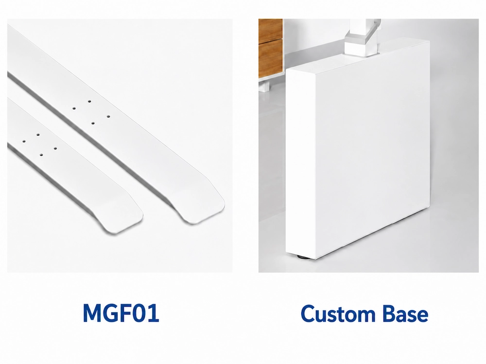 mgf01 standard foot and custom base options for mige desk configurations