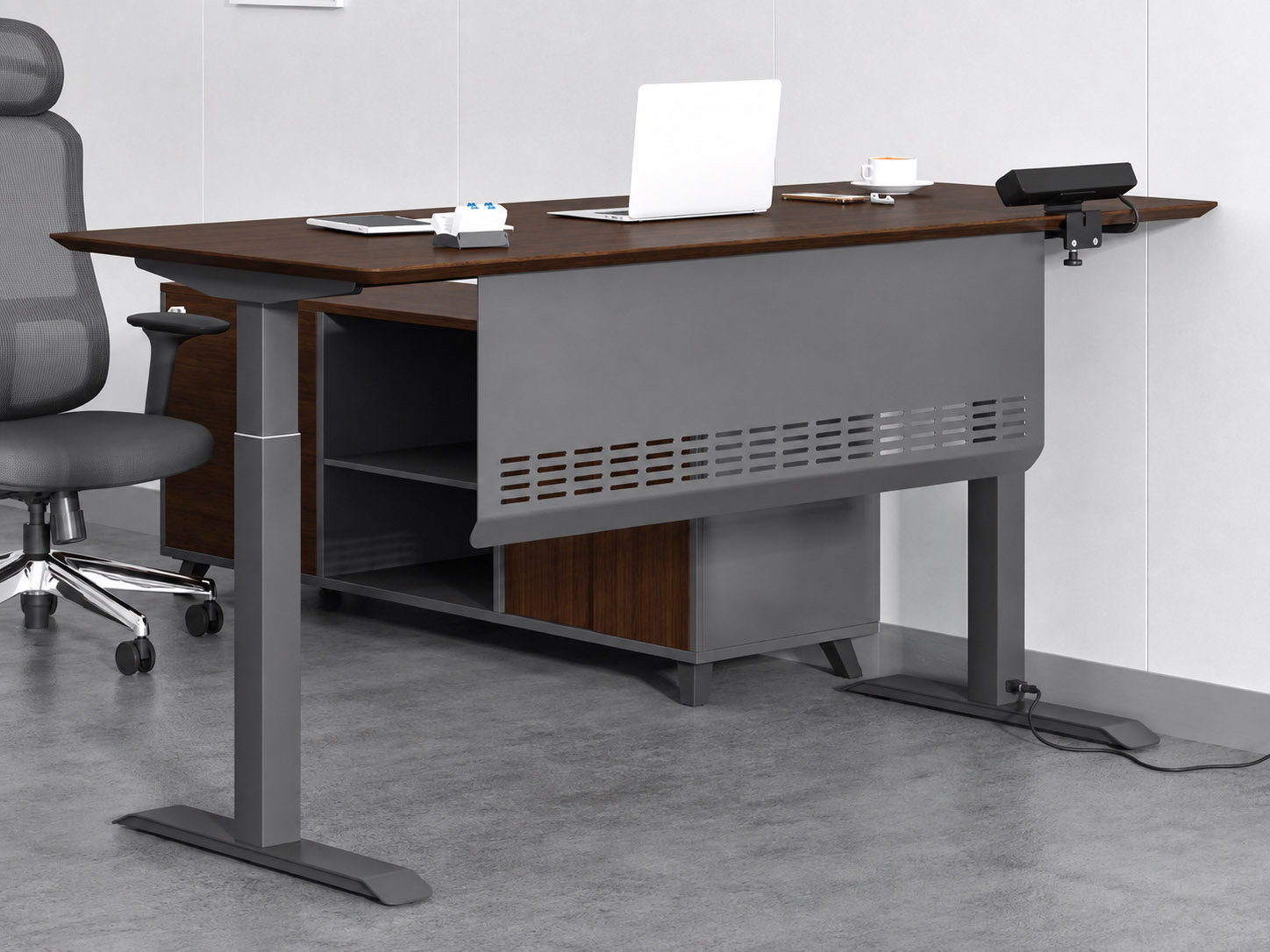 mige height adjustable desk with dark wood worksurface gray frame modesty panel and side storage