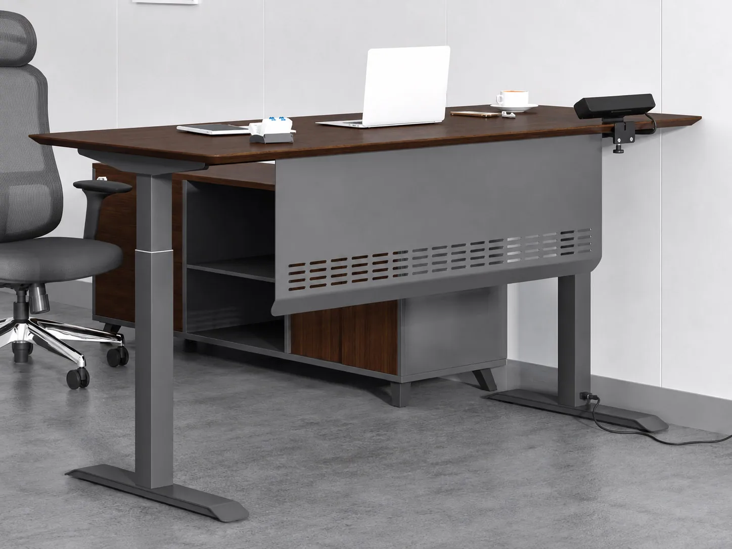 mige height adjustable desk with dark wood worksurface gray frame modesty panel and side storage