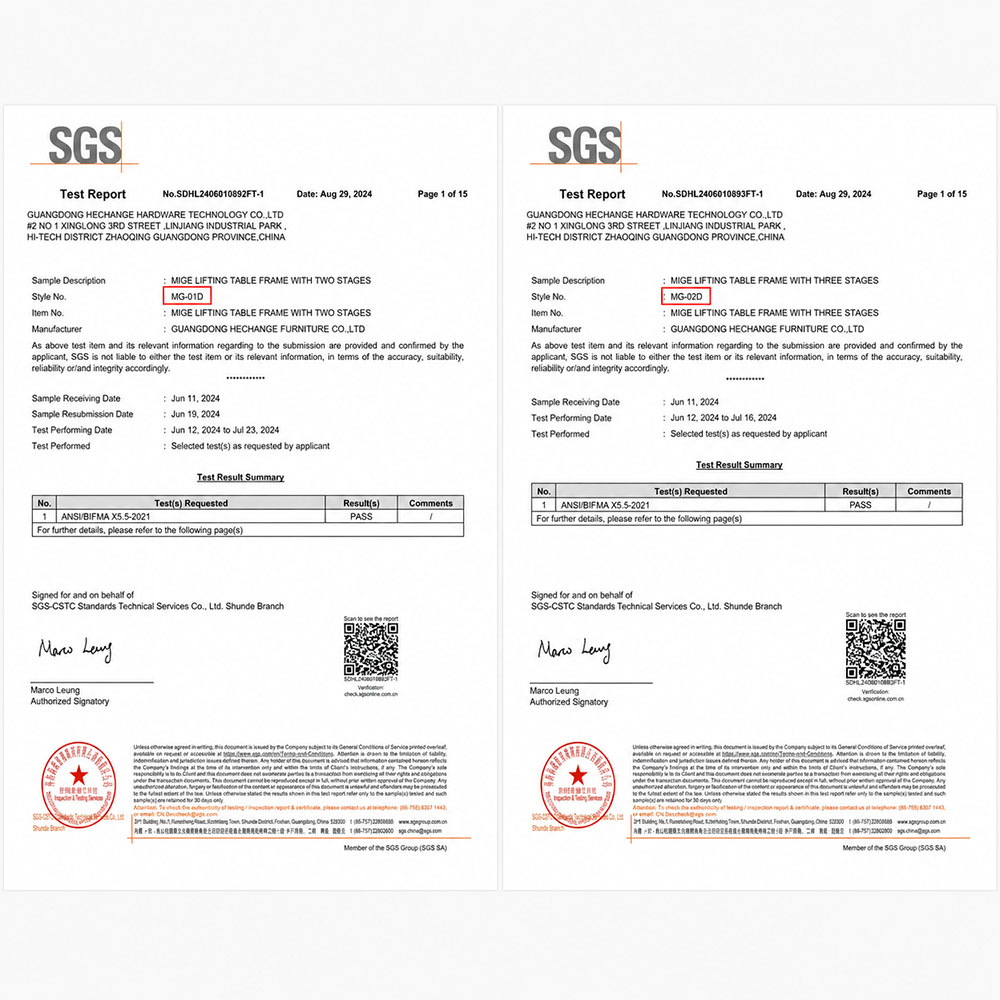 sgs test report excerpts for mg 01d two stage and mg 02d three stage mige lifting table frames