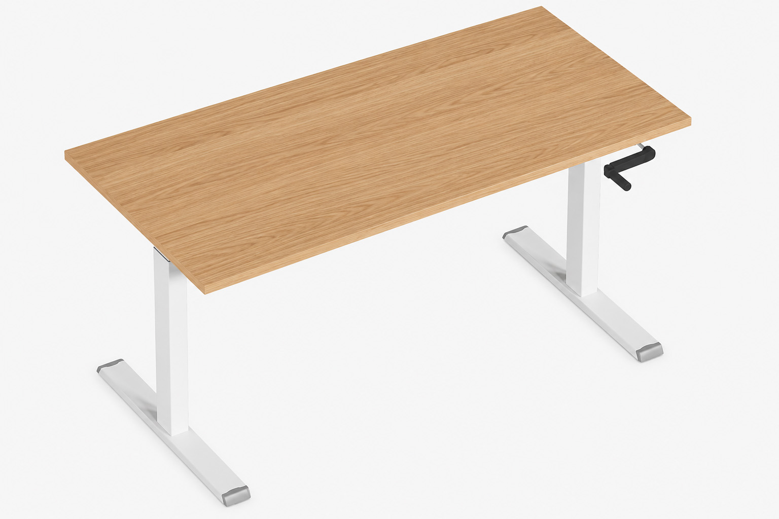 manual crank height adjustable desk with two stage white legs and wood desktop