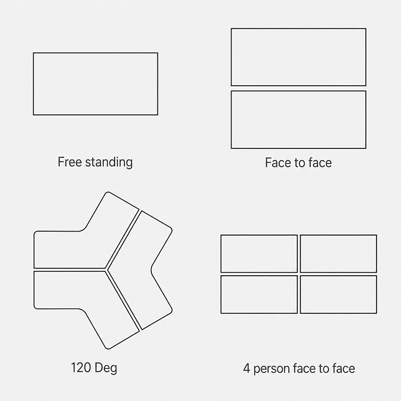 workspace layout diagram showing single desk face to face 120 degree and four person desk arrangements