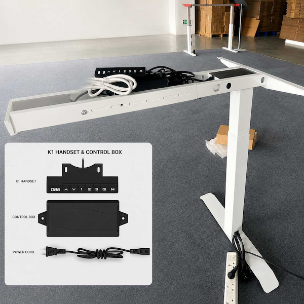 height adjustable desk frame with control box handset and wiring components shown for lifting system configuration