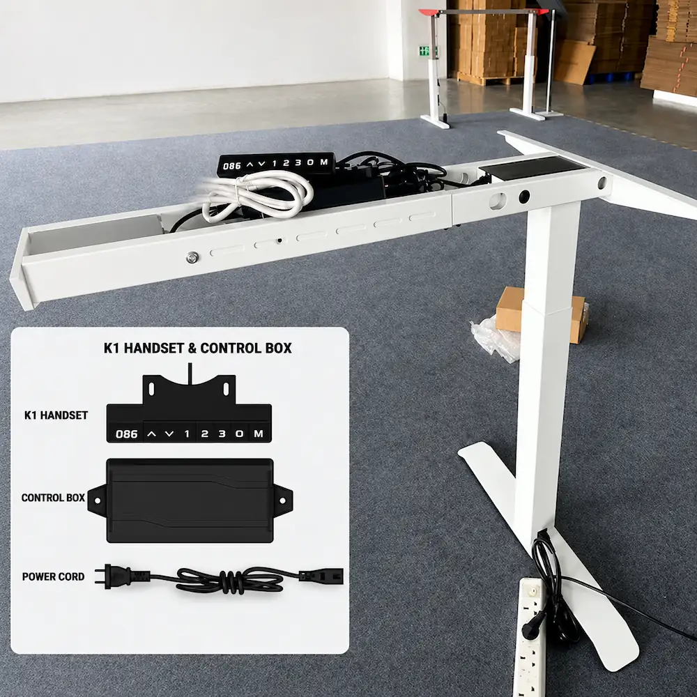 height adjustable desk frame with control box handset and wiring components shown for lifting system configuration