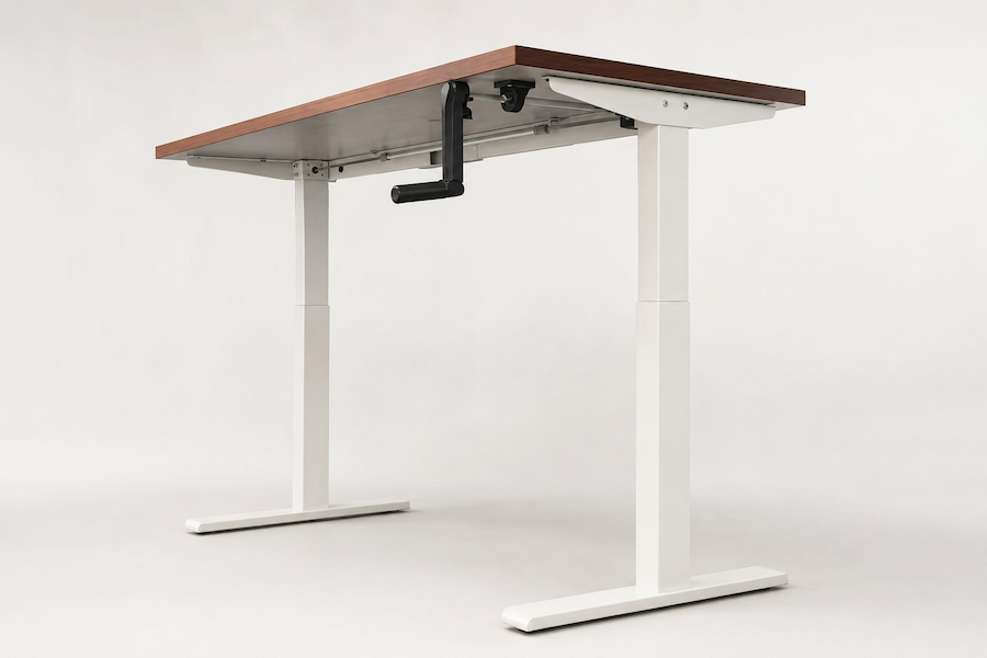 manual height adjustable desk frame with hand crank lifting system and two stage column