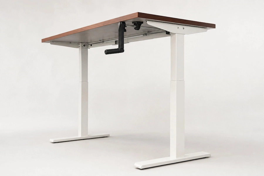 manual height adjustable desk frame with hand crank lifting system and two stage column