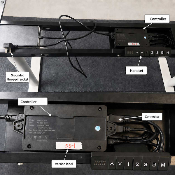 standing desk control box handset connectors version label and grounded three pin socket for component compatibility check