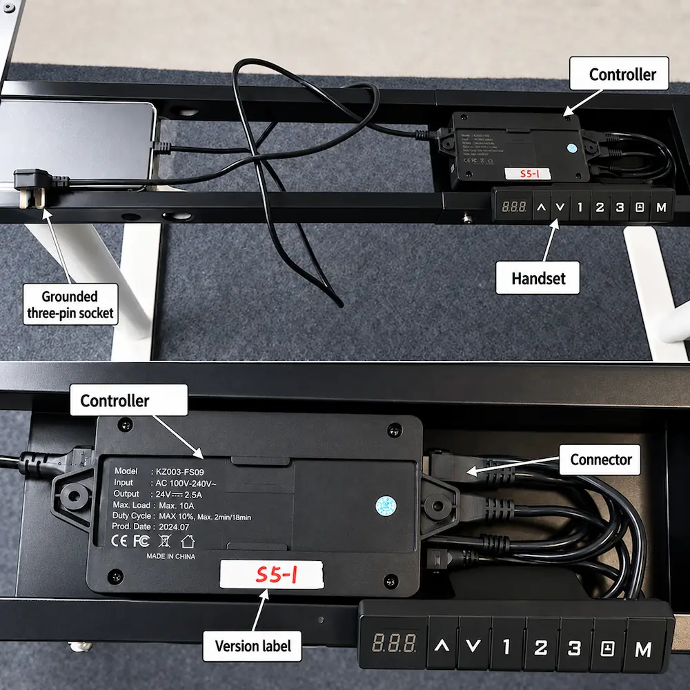 standing desk control box handset connectors version label and grounded three pin socket for component compatibility check