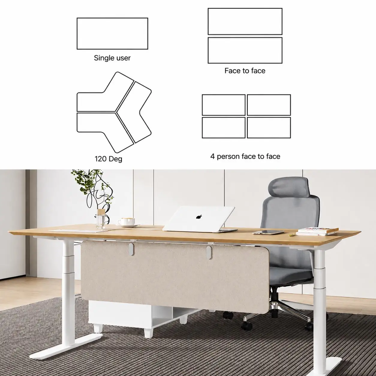 owen workstation layout options for single, face to face, 120 degree three person and four person configurations