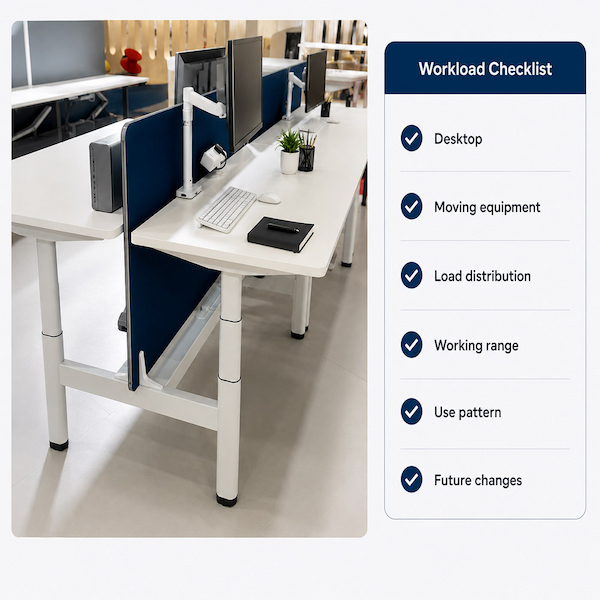 height adjustable workstation with monitor arms desktop equipment and privacy screens for workload assessment