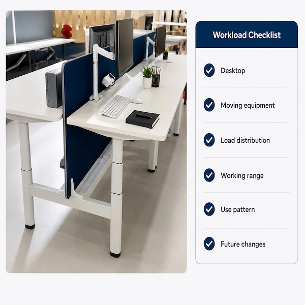 height adjustable workstation with monitor arms desktop equipment and privacy screens for workload assessment
