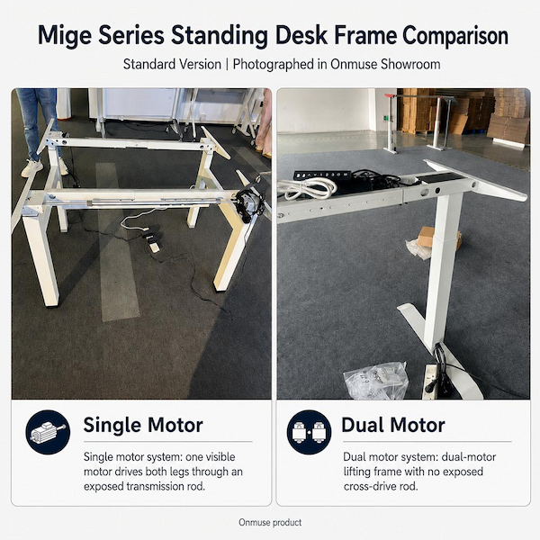 mige standing desk frame comparison showing single motor and dual motor lifting frame structures
