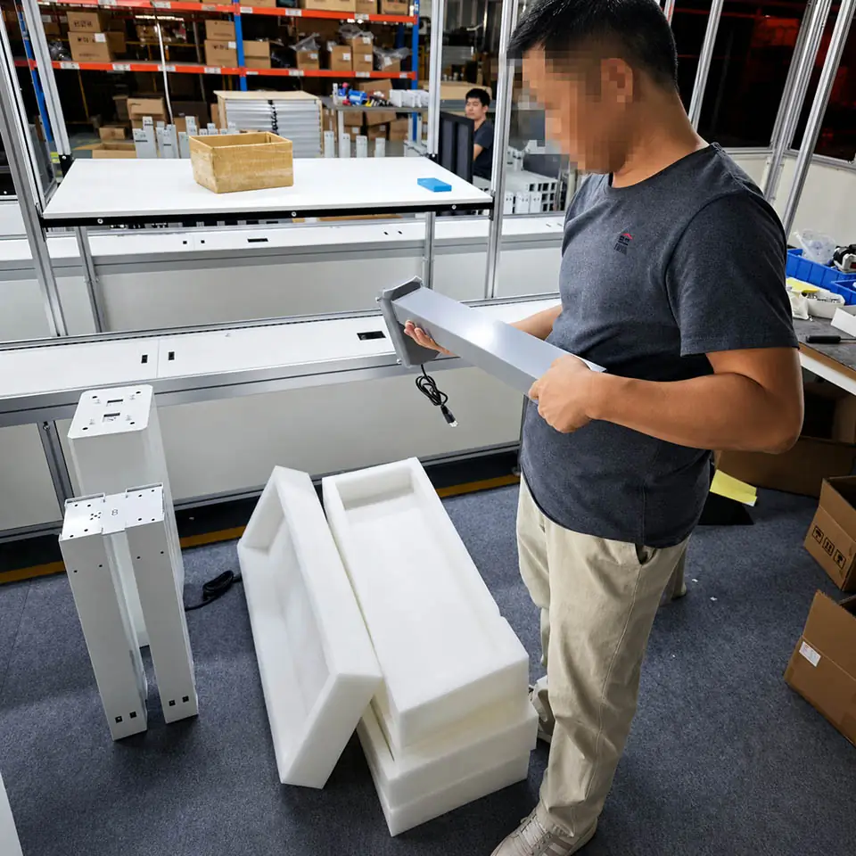 factory worker inspecting a standing desk frame component beside protective foam packaging