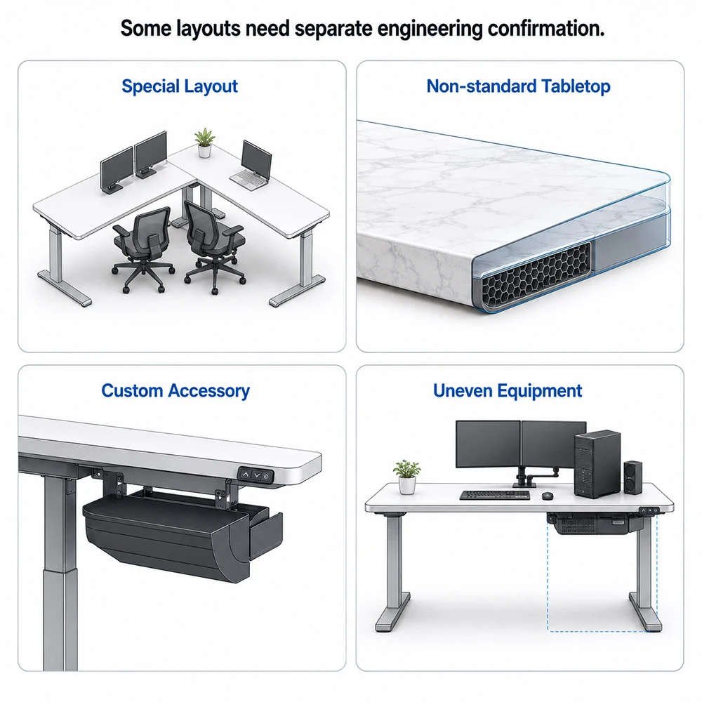 engineering review examples for special layouts, non-standard tabletops, custom accessories, and uneven equipment placement