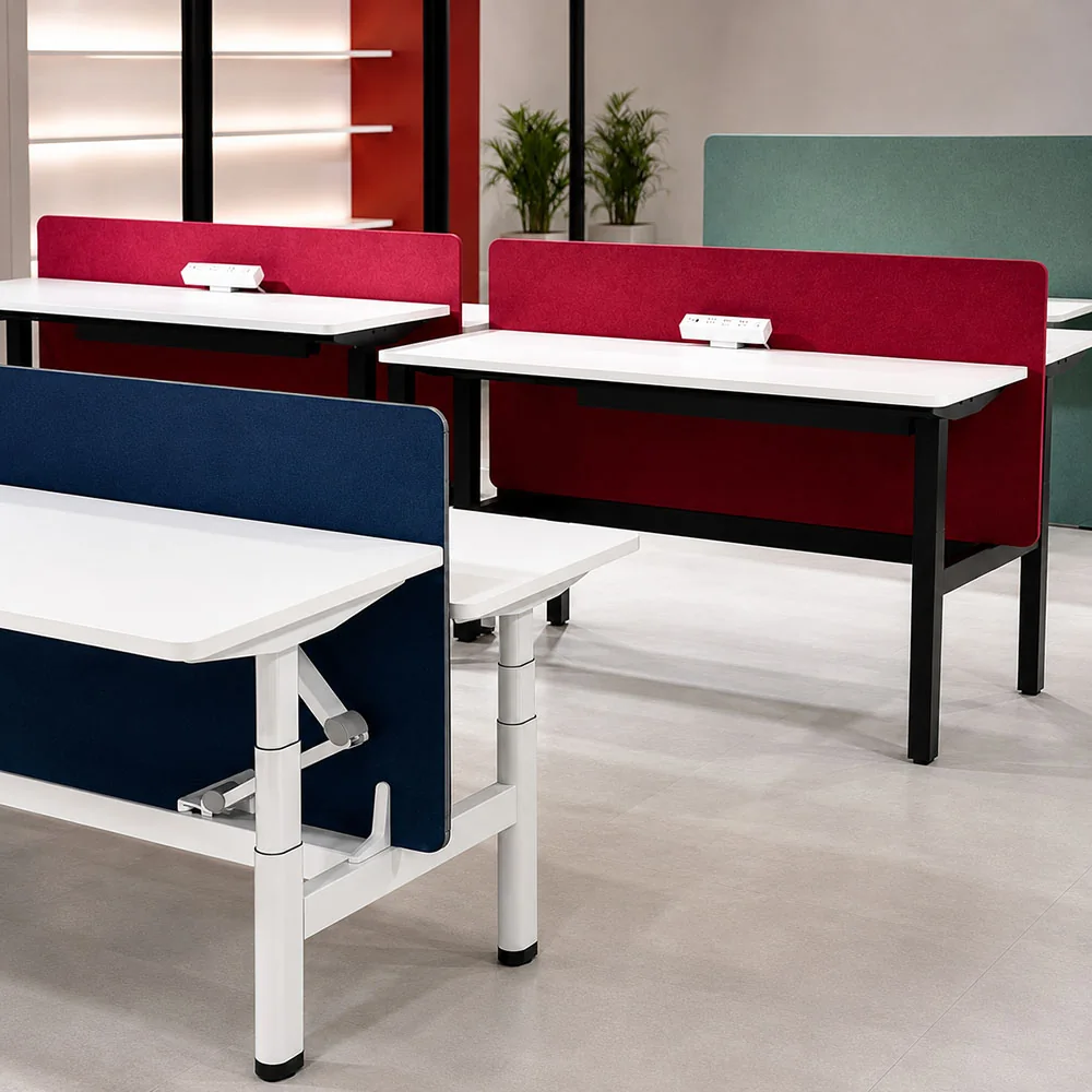 Height-adjustable workstation desks with privacy screens, showing tabletop size and frame-position planning.