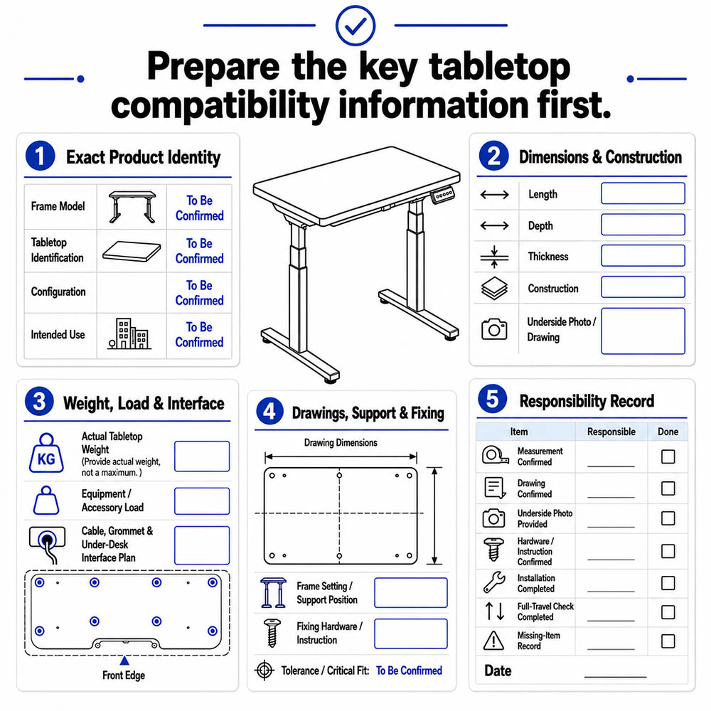 tabletop compatibility review checklist showing product identity, dimensions, hole pattern, drawings, tolerances, and responsibility records