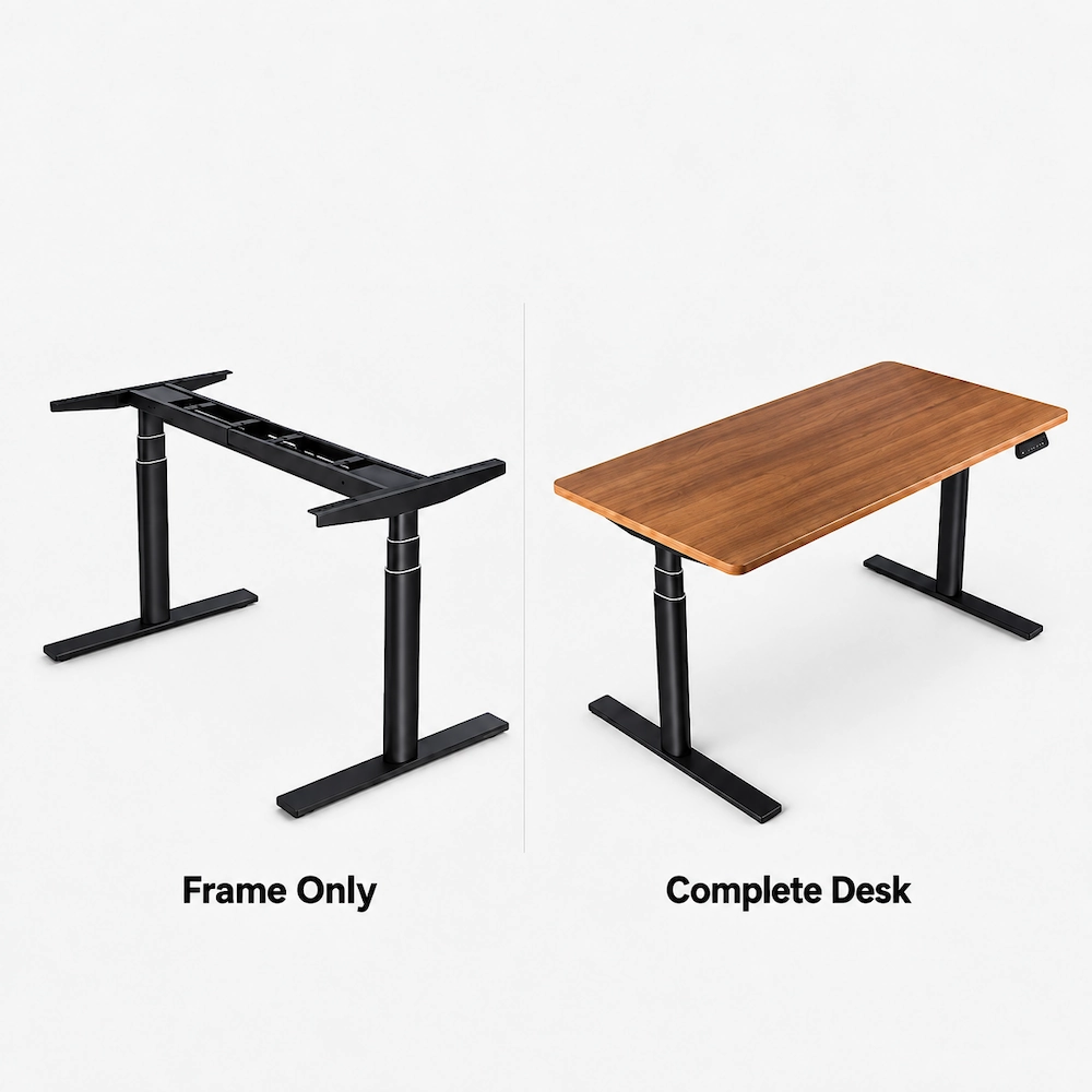 height adjustable desk frame shown beside a complete height adjustable desk with a wood desktop