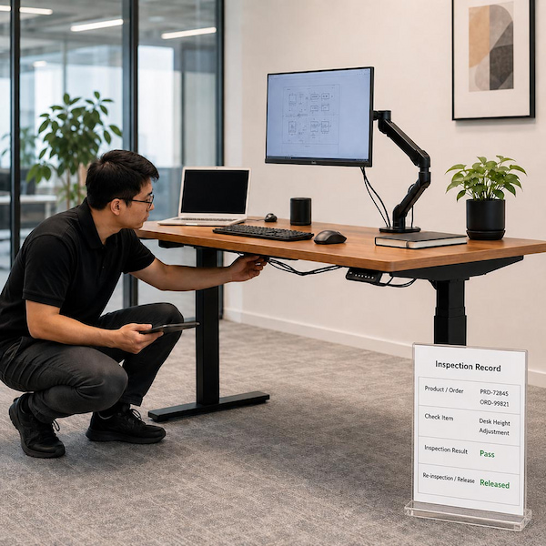 worker checking the underside of a height adjustable desk beside an inspection record card