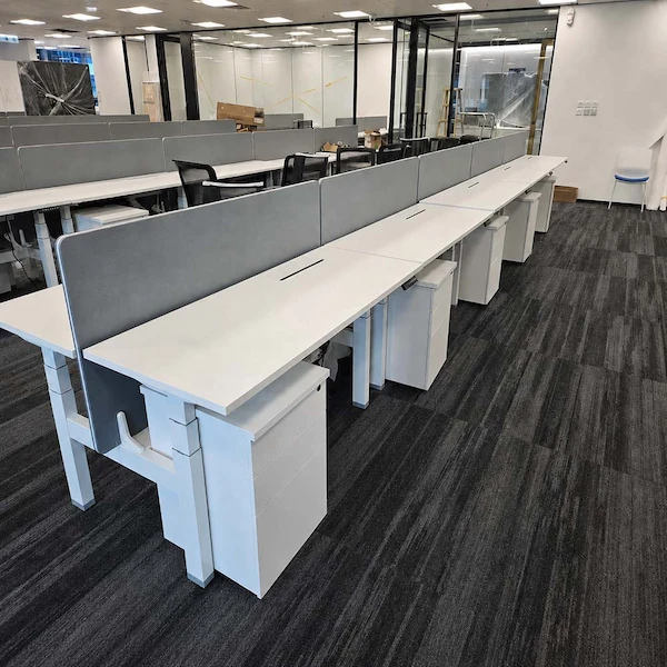 mige face to face height adjustable workstations with privacy screens desktop size and cable access planning