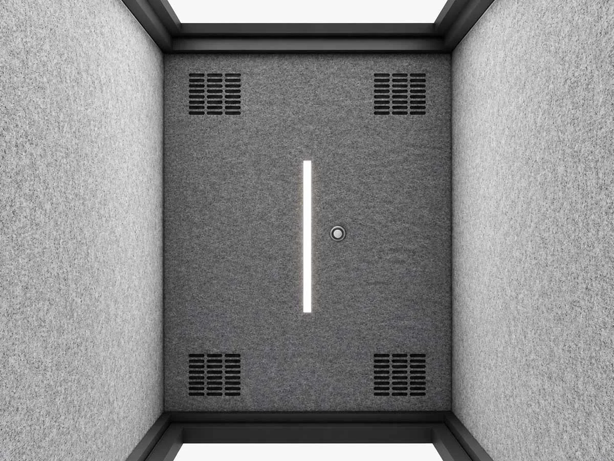 1 person office pod ceiling mounted ventilation layout with fan positions and airflow direction
