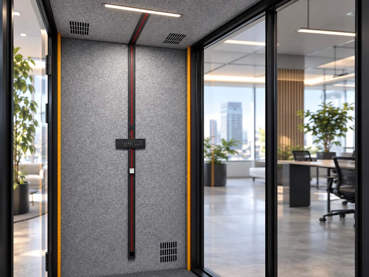 1 person office pod power and control layout with interior work surface and socket module