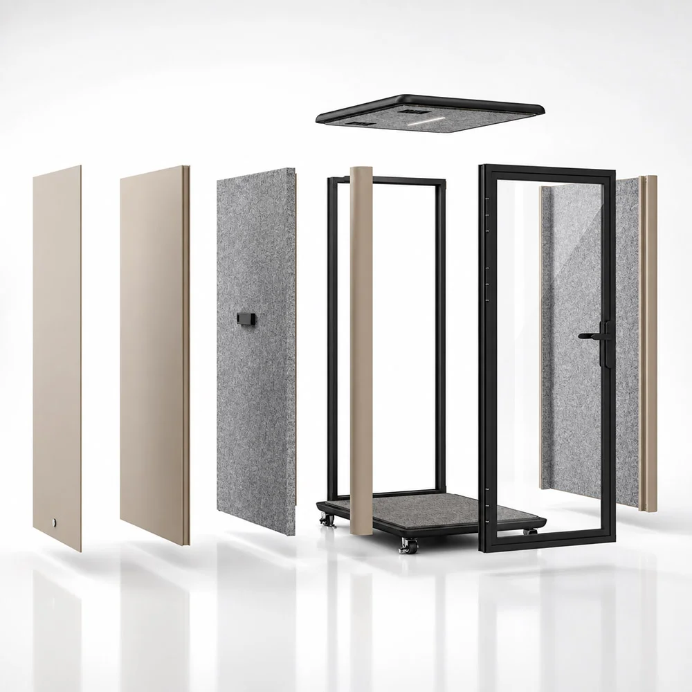 1 person office pod structure overview with modular panel frame door and ceiling system