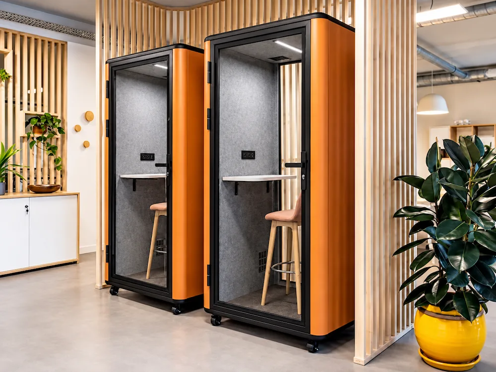 1 person office pods placed in office interior for floor area walkway and access review