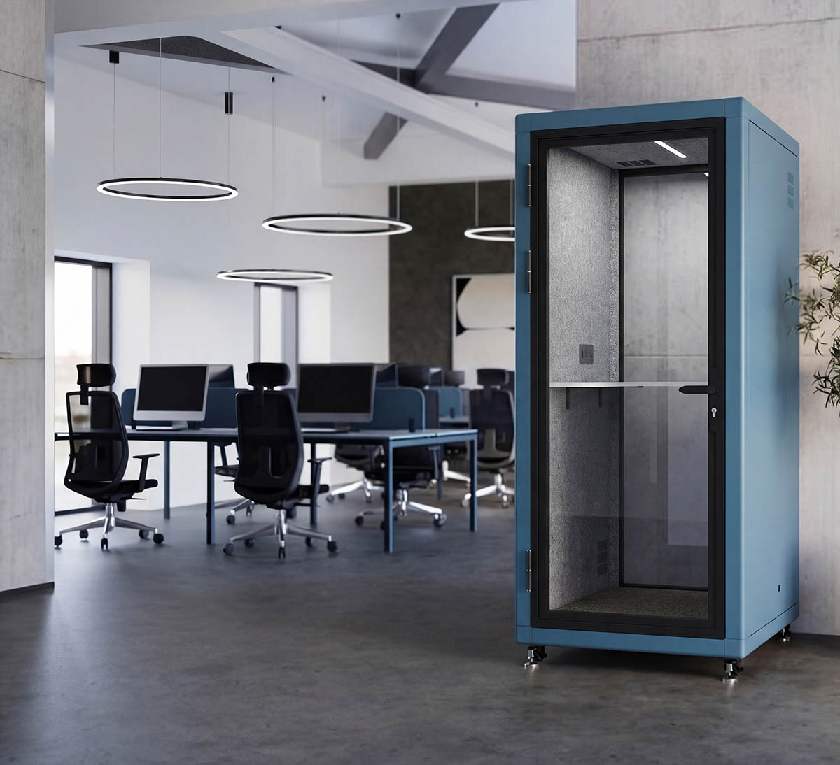 1P office pod placed near workstations for private calls and focused work