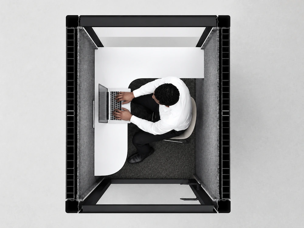 l shaped work surface layout inside 1 person office pod