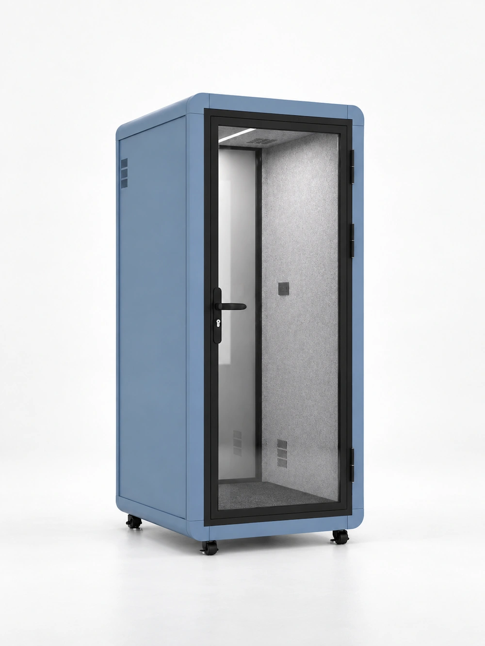 model a 1 person office pod with curved exterior and glass door