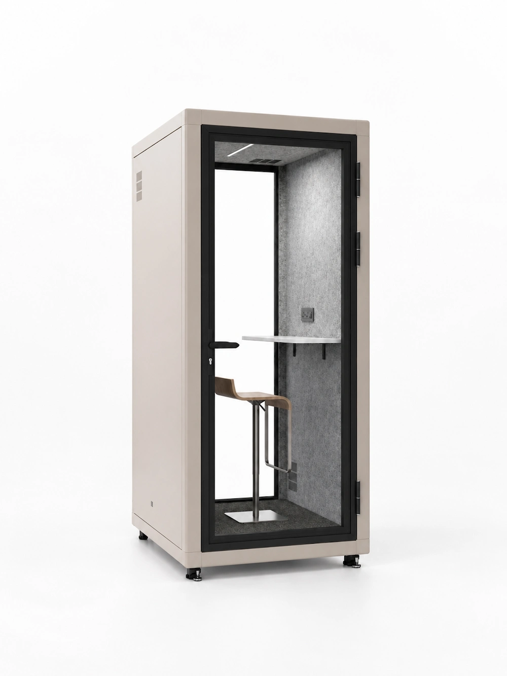 model b 1 person office pod with square exterior and interior work surface