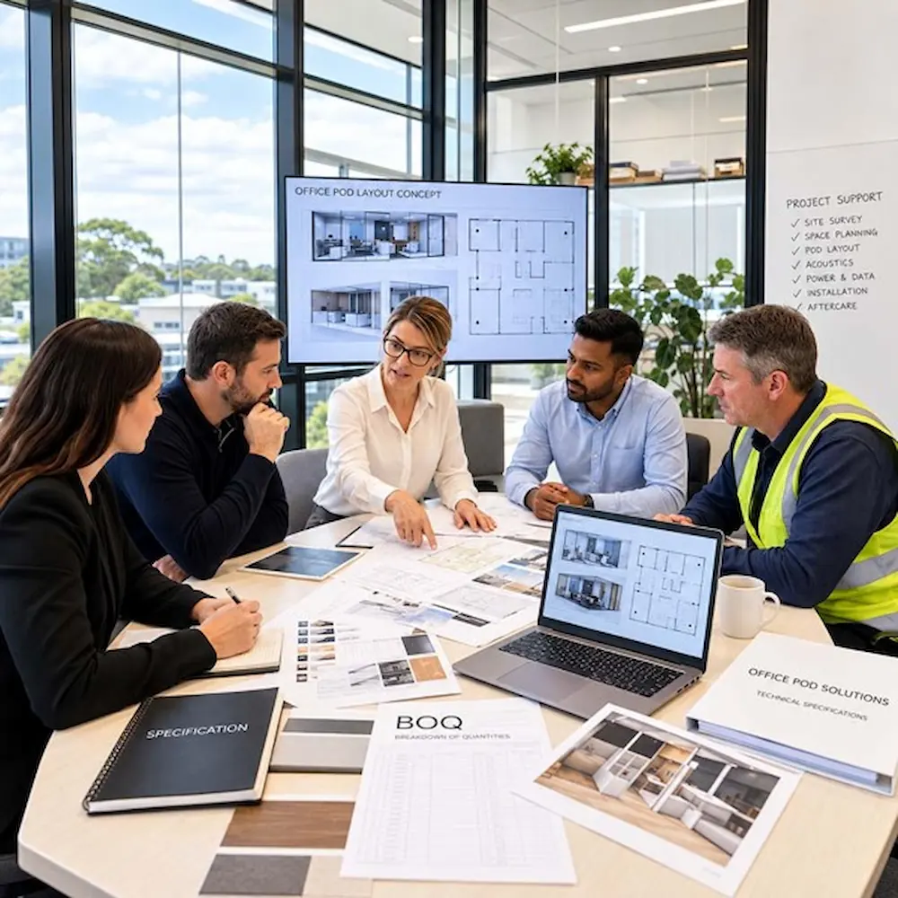 office pod project team reviewing layout boq and technical documents for 1p pod support