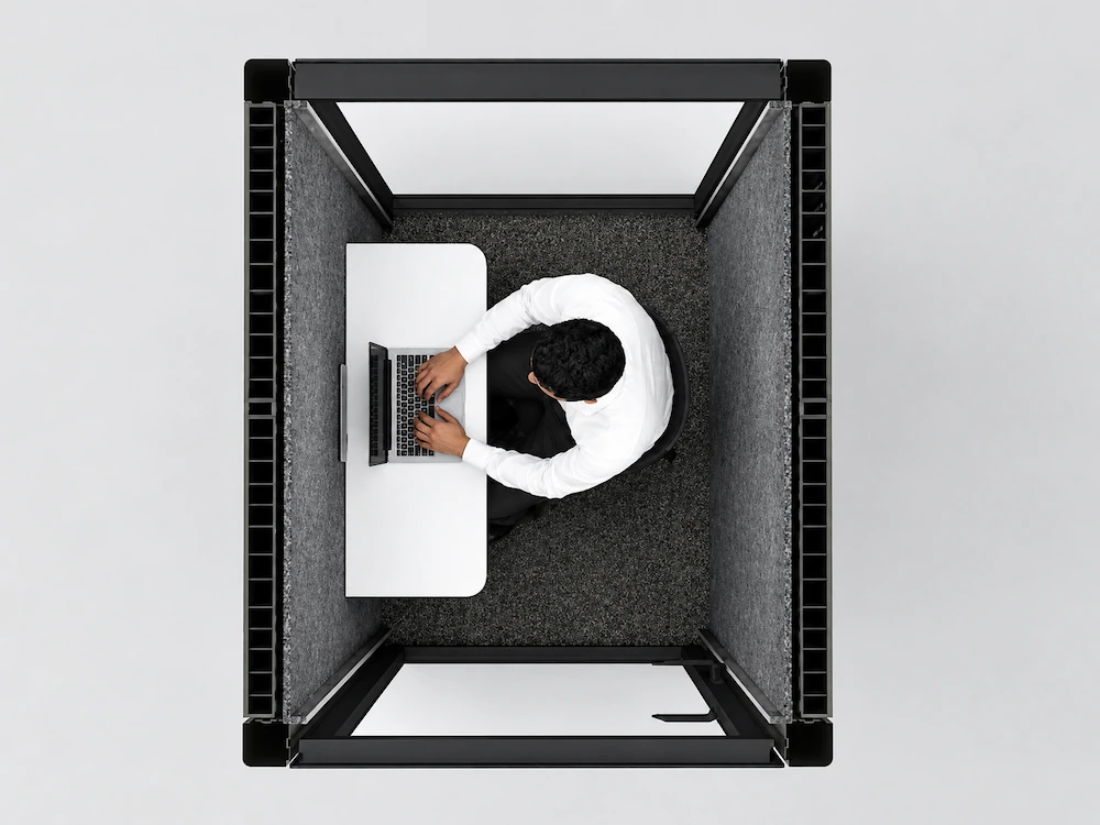 straight work surface layout inside 1 person office pod