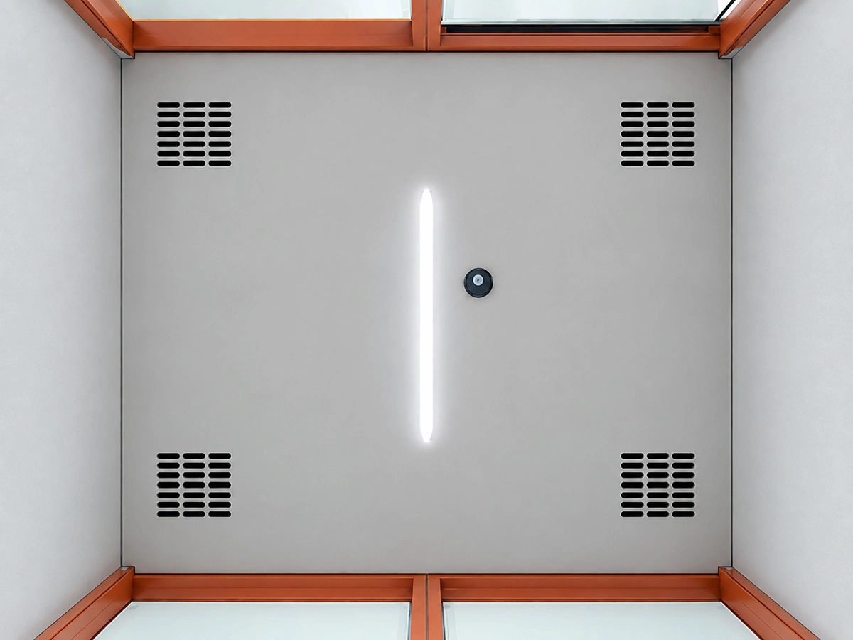 2 person meeting pod ceiling lighting layout with central linear light and ventilation grilles