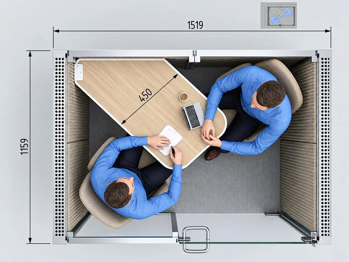 2 person meeting pod face to face meeting layout with shared table and interior dimensions