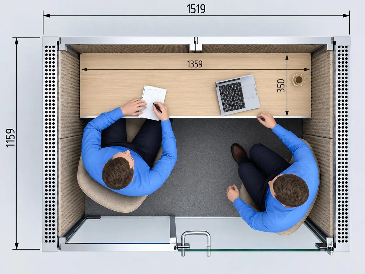 2 person meeting pod shared worktable layout with side by side use and interior dimensions
