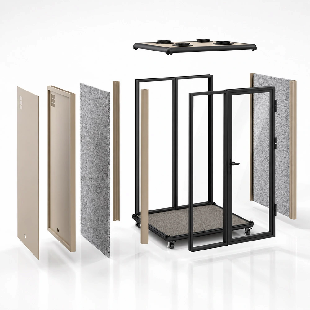 2 person meeting pod structure overview with modular panels frame door system and ceiling module