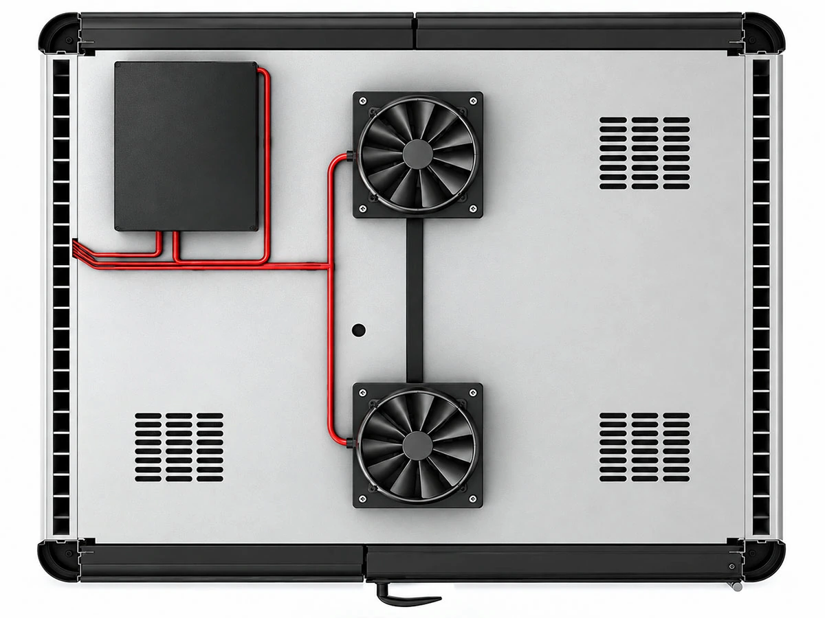 2 person meeting pod ventilation layout with two standard fans and ceiling grilles