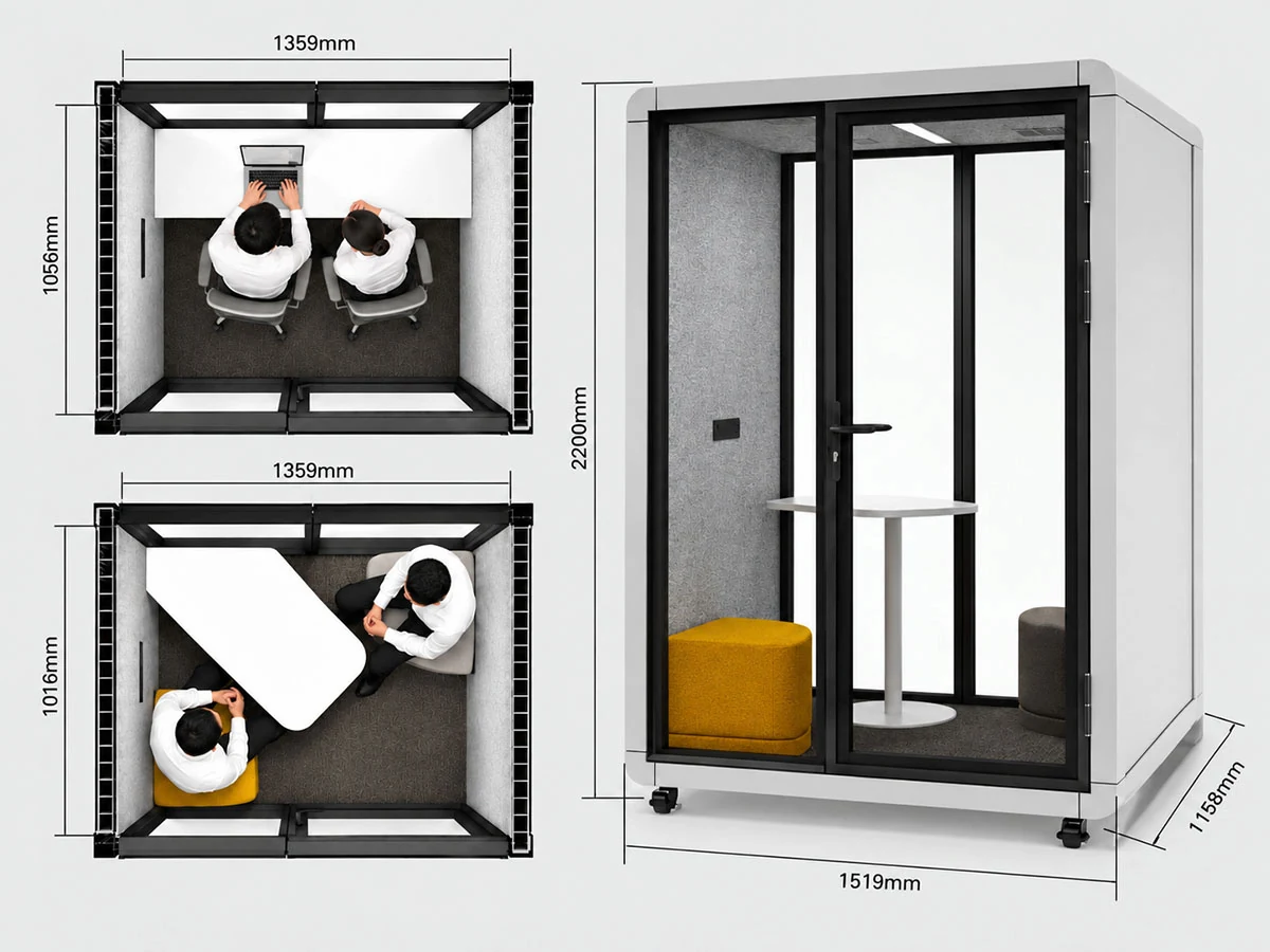 model a 2 person meeting pod dimensions with curved exterior profile and interior layouts