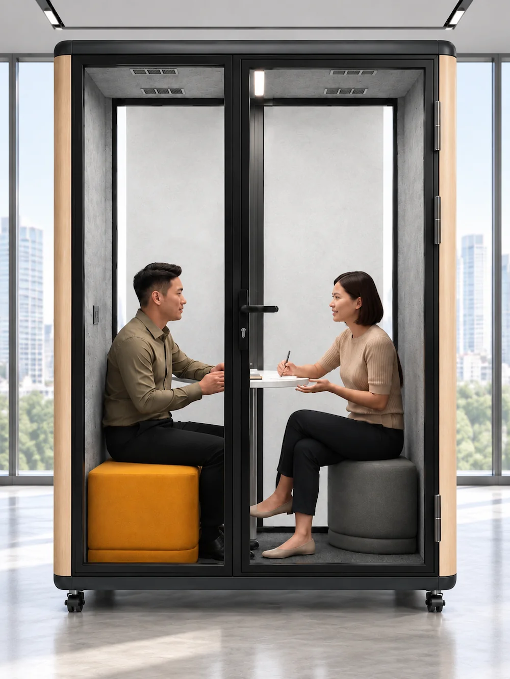 model a 2 person meeting pod with curved exterior profile for face to face conversations
