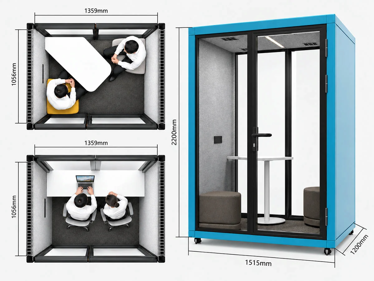 model b 2 person meeting pod dimensions with square exterior profile and interior layouts