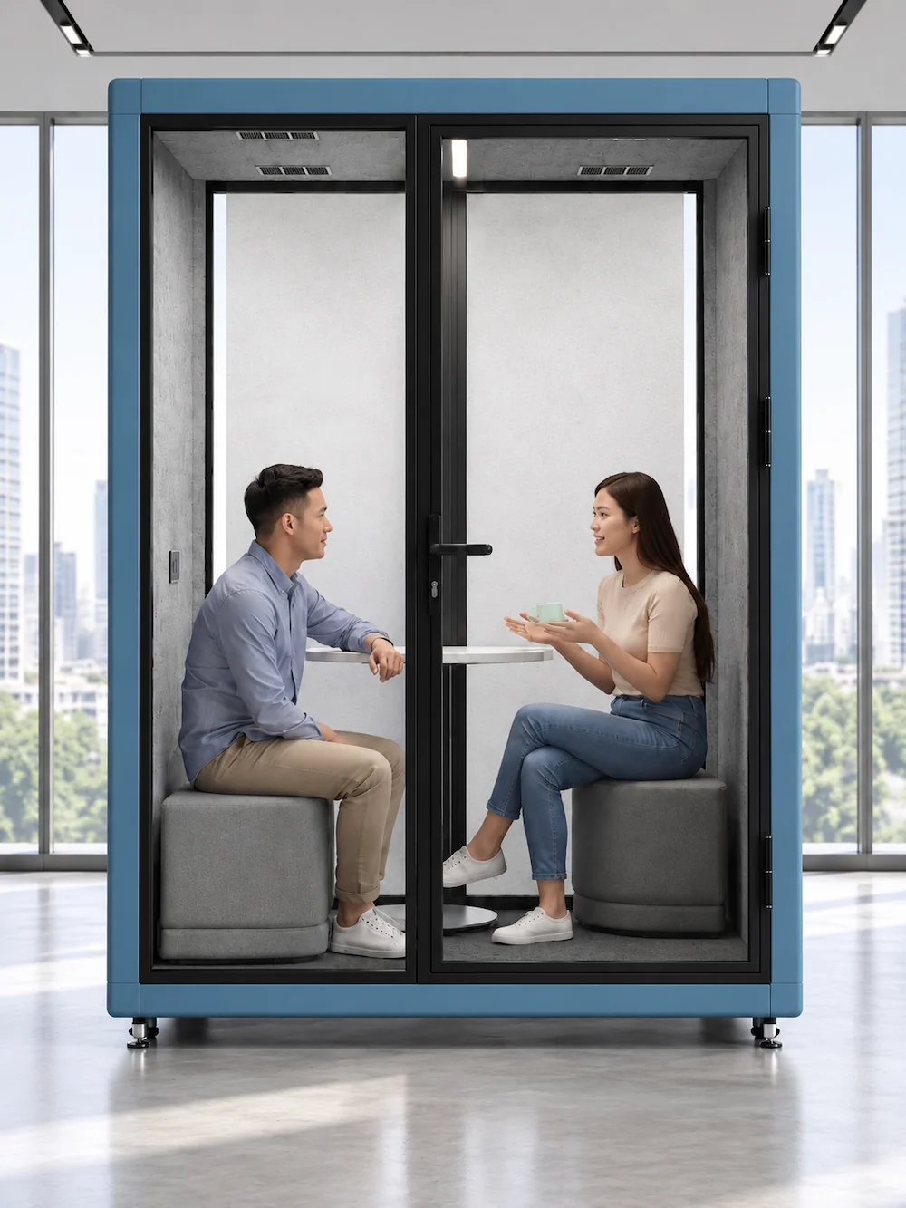 model b 2 person meeting pod with square exterior profile for private two person meetings
