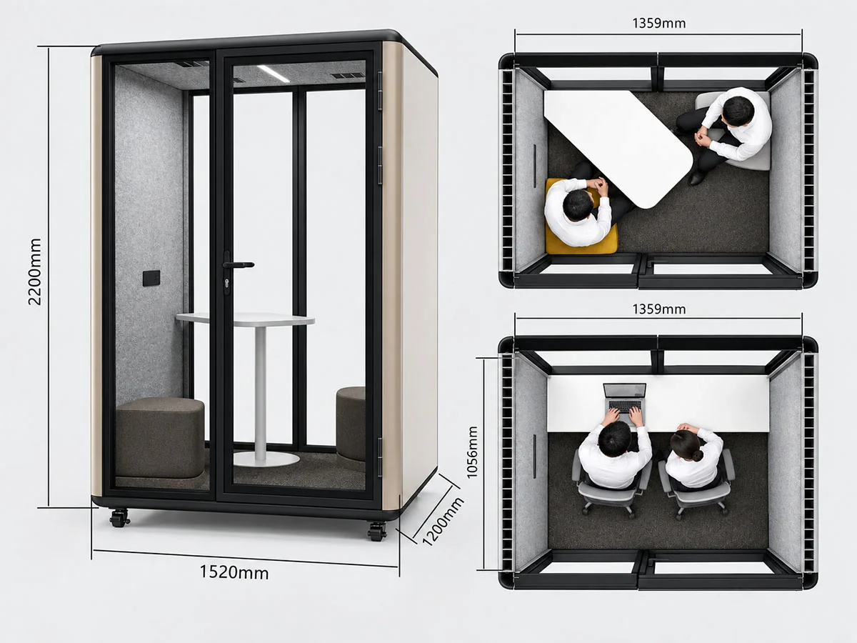 model c 2 person meeting pod dimensions with 12 sided curved exterior profile and interior layouts
