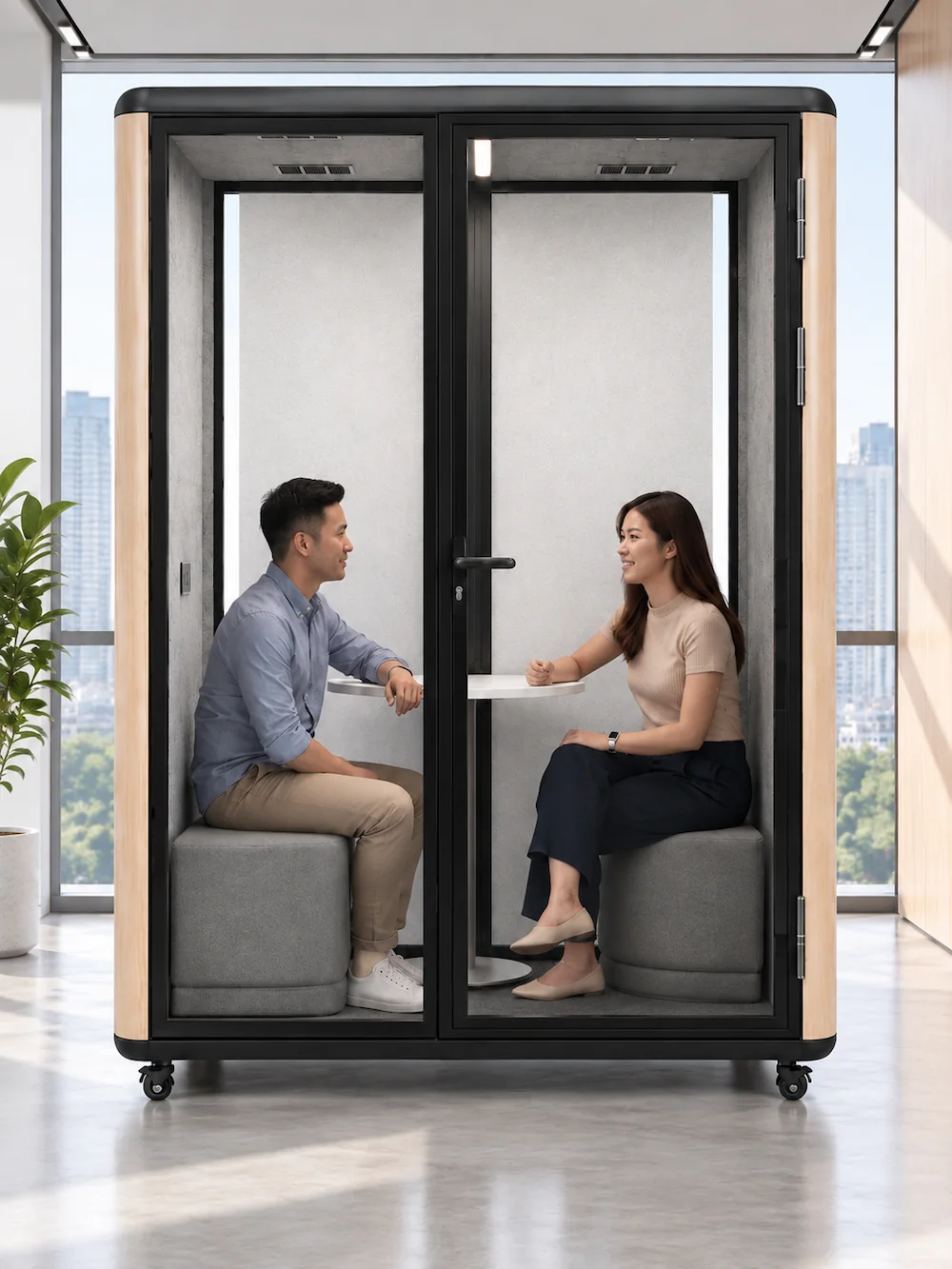 model c 2 person meeting pod with 12 sided curved exterior profile for private discussions