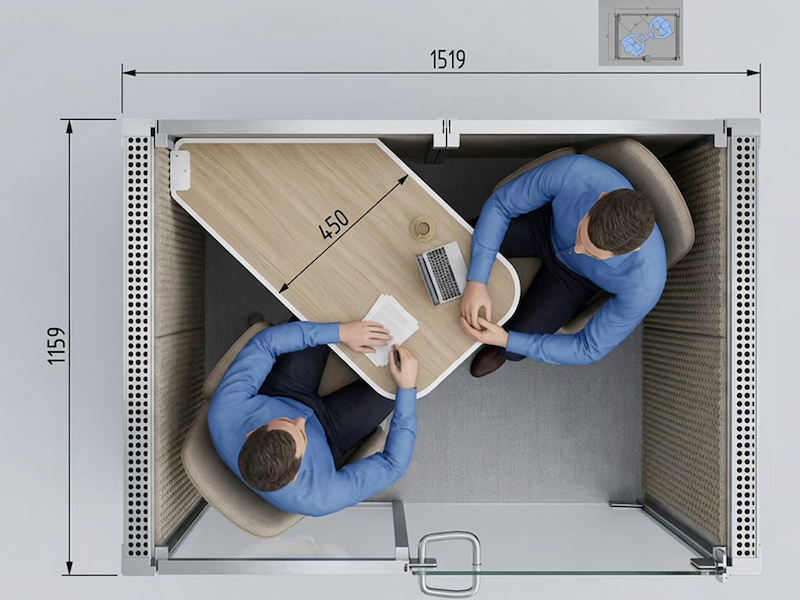 2P meeting pod internal layout option showing two-person meeting space