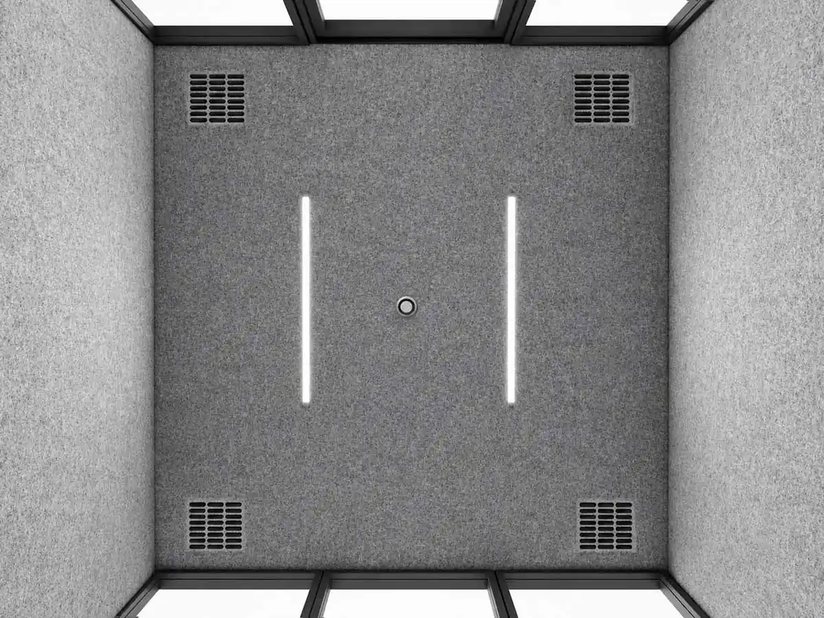 4 person meeting pod ceiling lighting layout with two linear lights and ventilation grilles