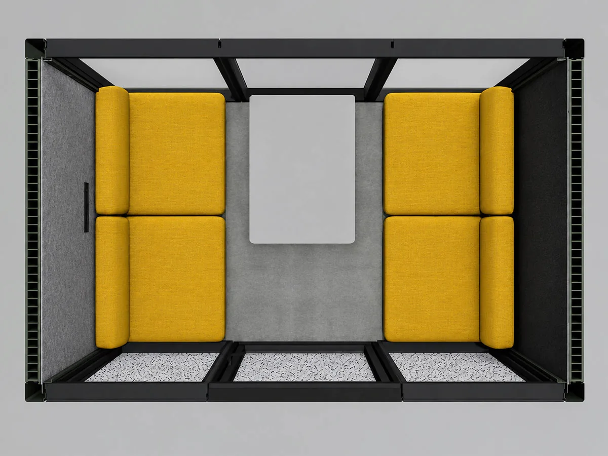 4 person meeting pod front and rear glass layout with face to face seating and central table